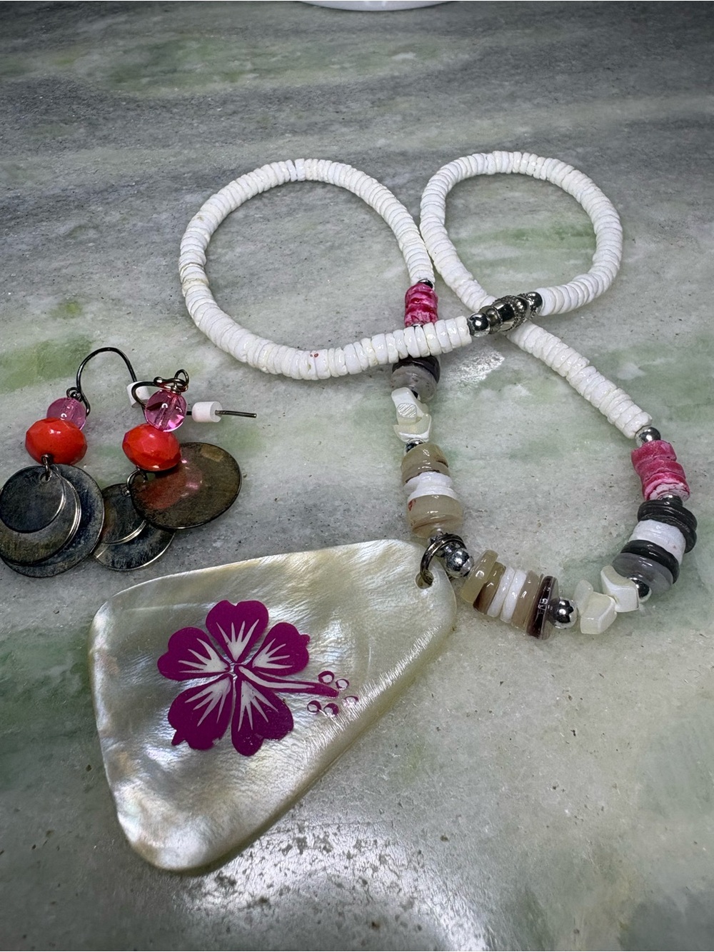 Handmade White Shell Necklace with Pink Flower Pendant and Multicolor Beads